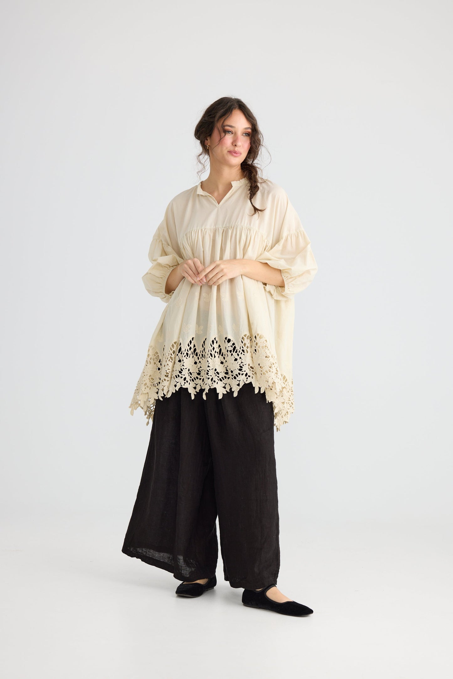 French lace smock. Stone