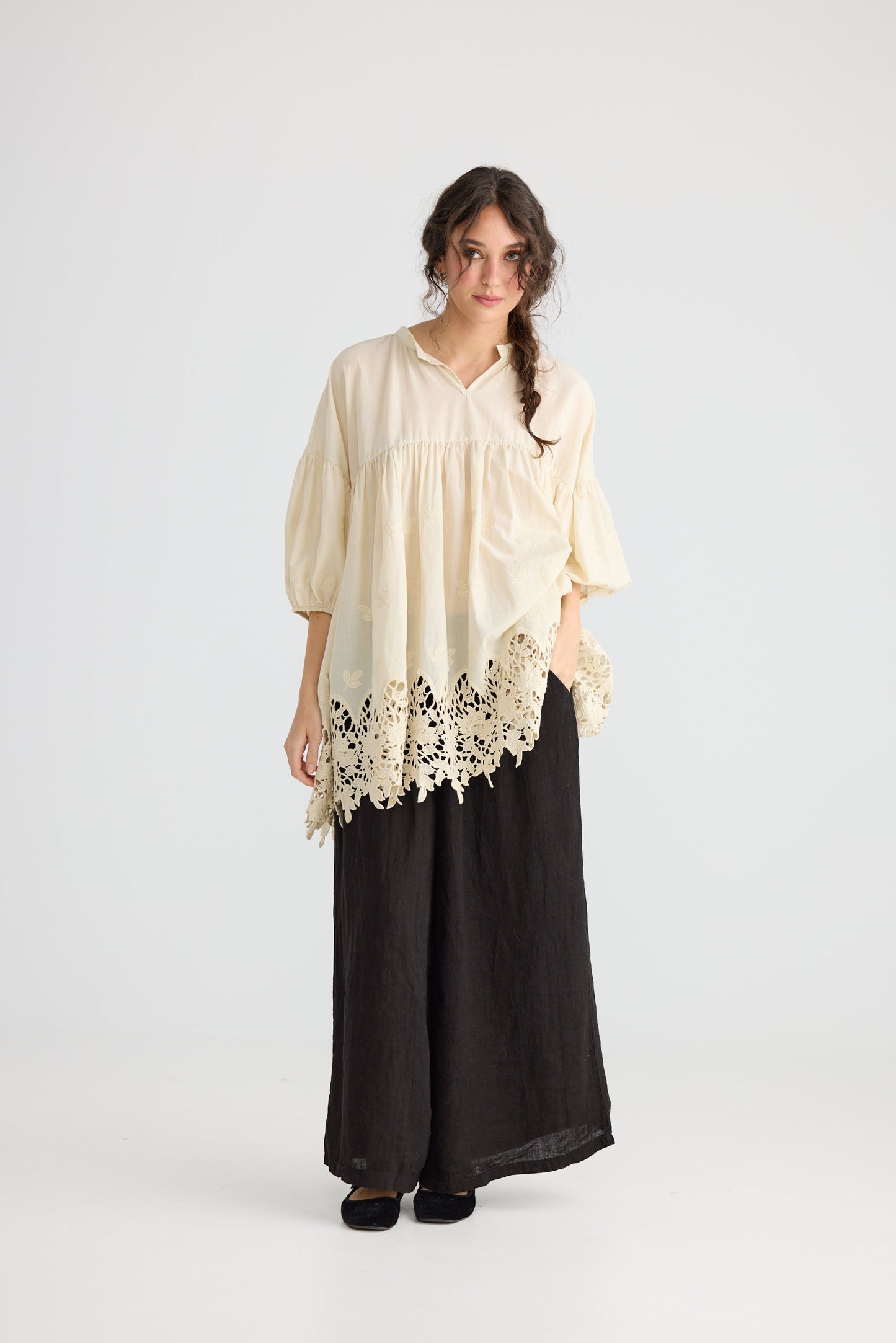 French lace smock. Stone
