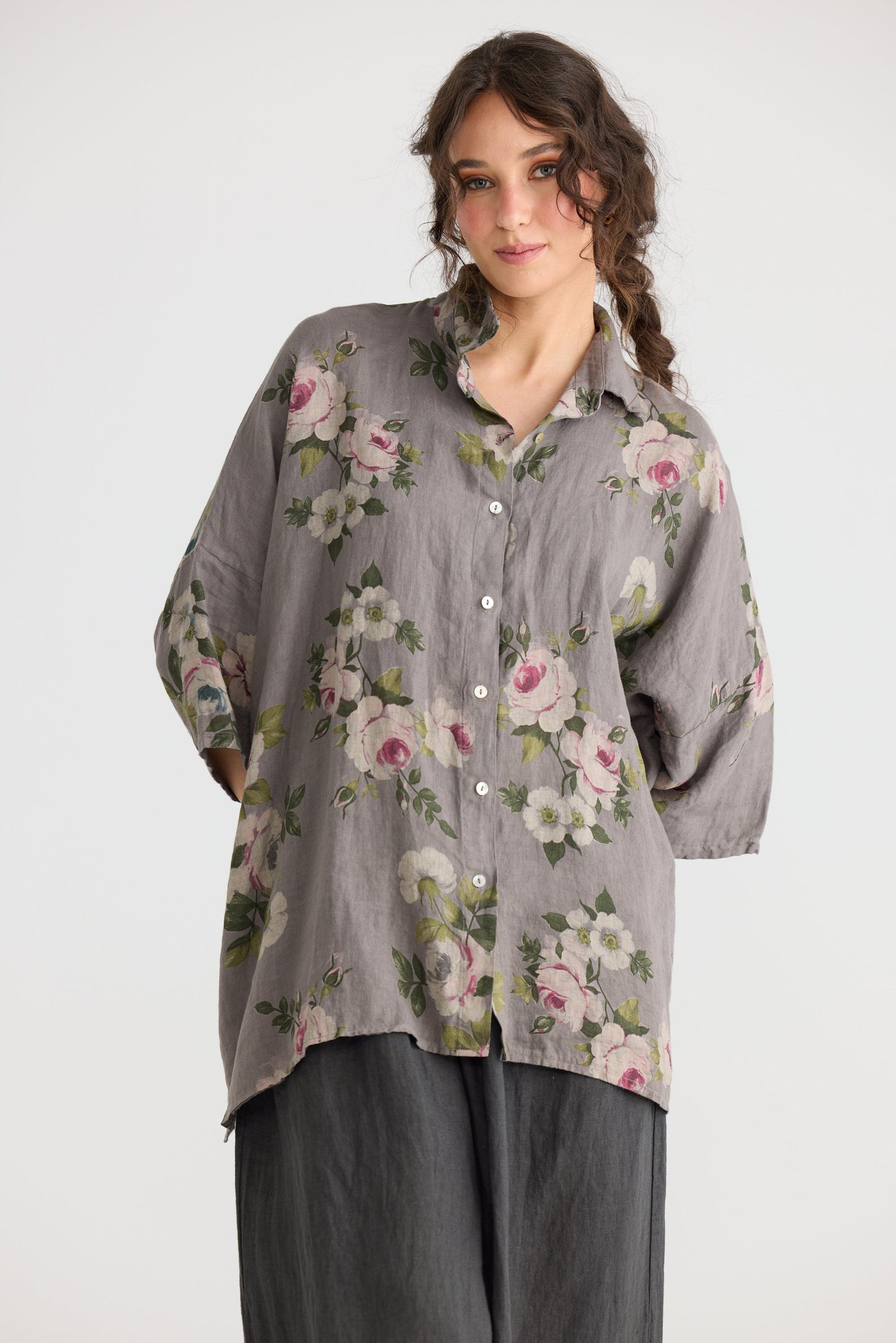 Teddie Floral linen shirt. Charcoal Rose