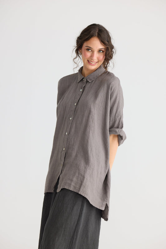 Teddie floral linen shirt. Smoke