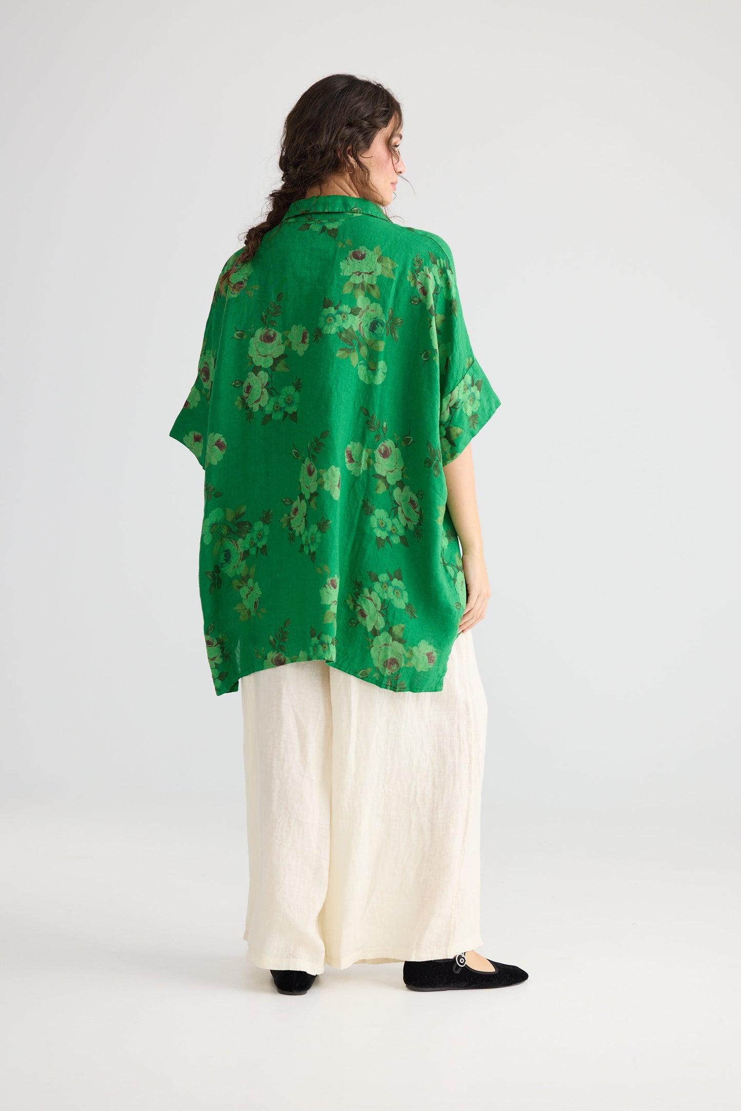 Teddie Floral Linen shirt. Jade Green