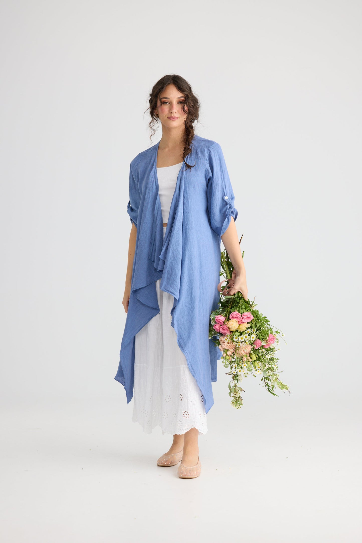 Sabine long linen duster coat. Denim Blue