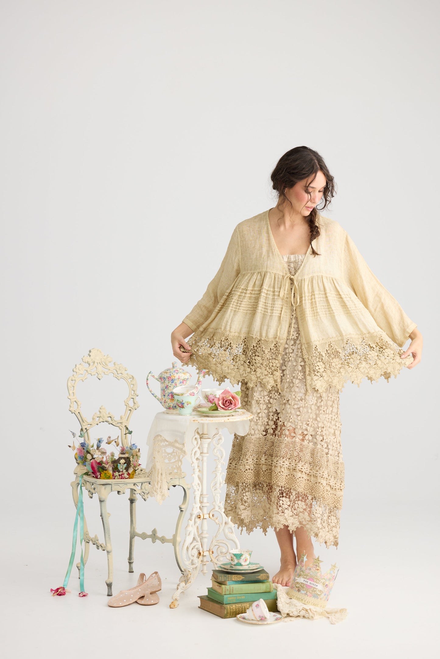 Miss Frangipani Linen and Lace jacket. Tea Stain