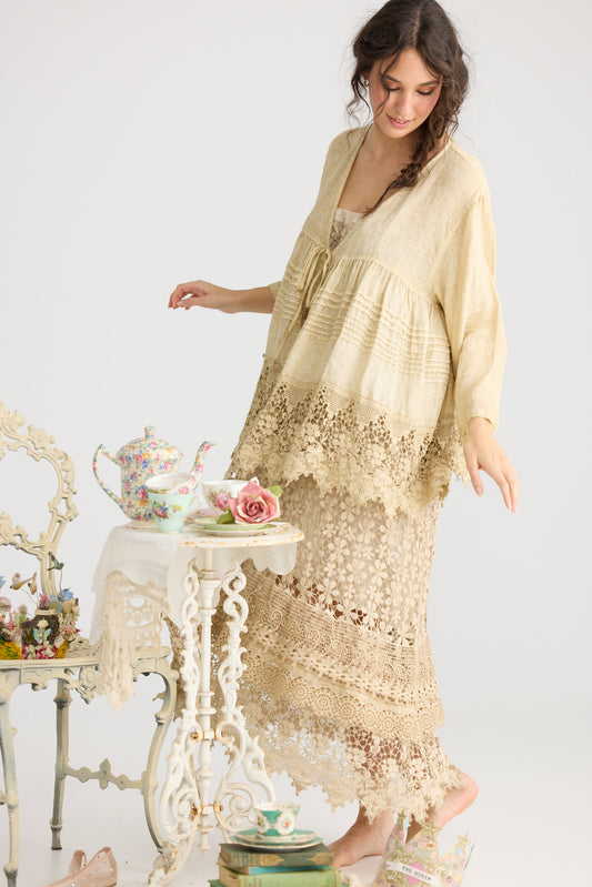 Miss Frangipani Linen and Lace jacket. Tea Stain