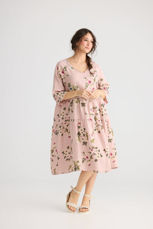 Stella floral linen dress. Antique Rose