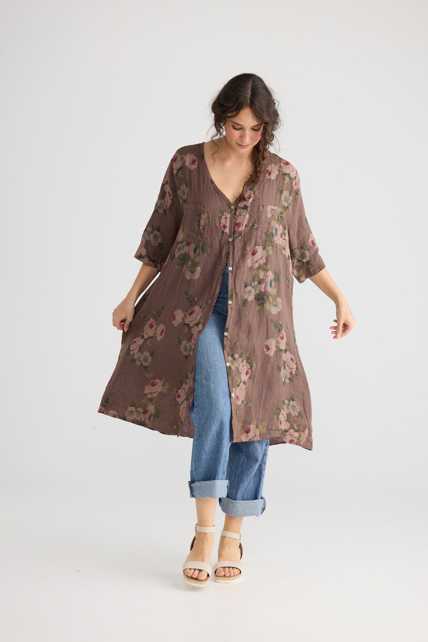 Abigail Linen floral dress. Smoke