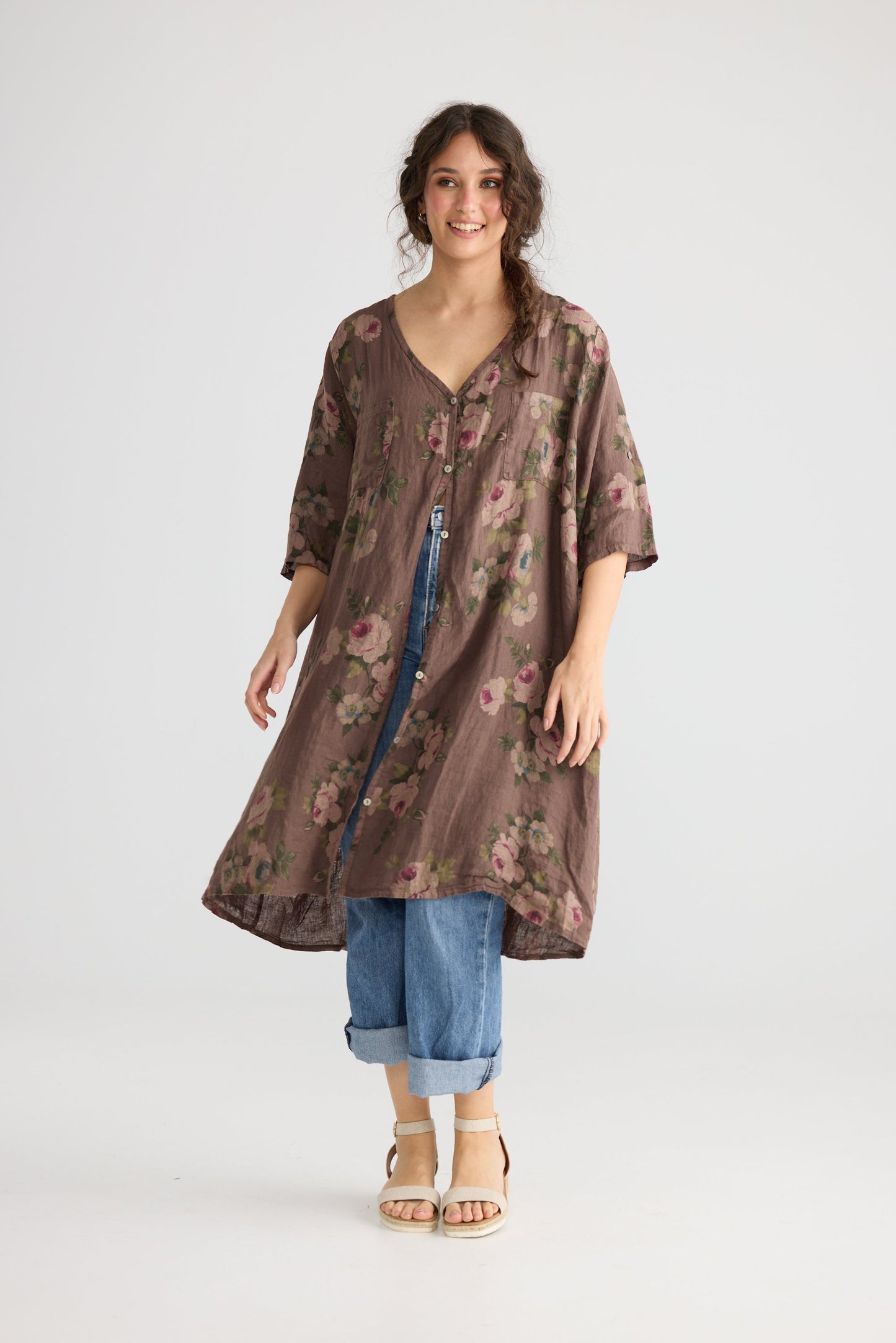 Abigail Linen floral dress. Smoke