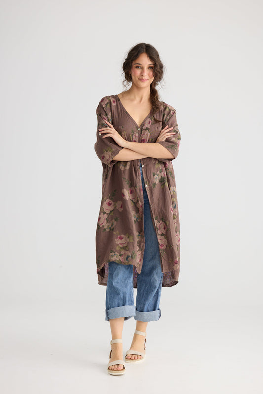 Abigail Linen floral dress. Smoke