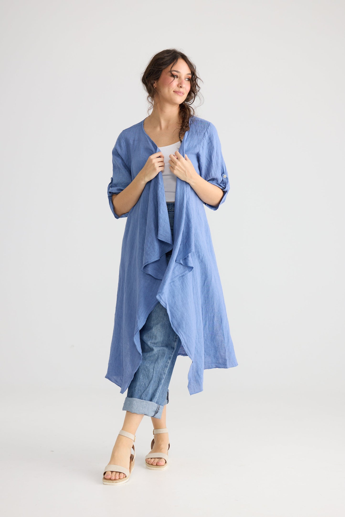 Sabine long linen duster coat. Denim Blue