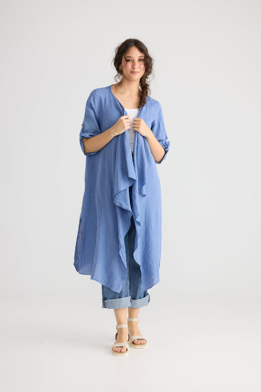 Sabine long linen duster coat. Denim Blue