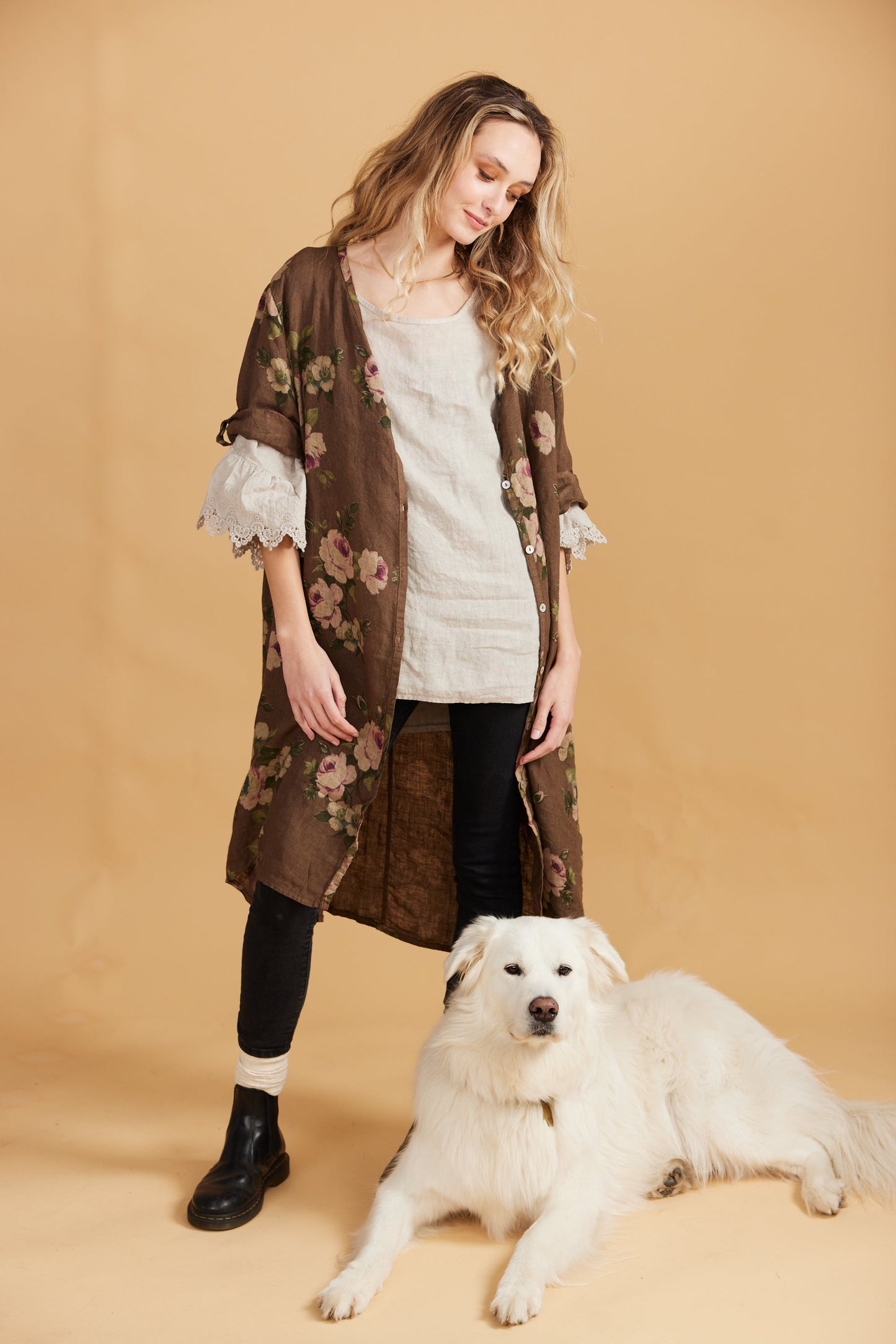 Abigail floral linen coatdress.  Chocolate Rose