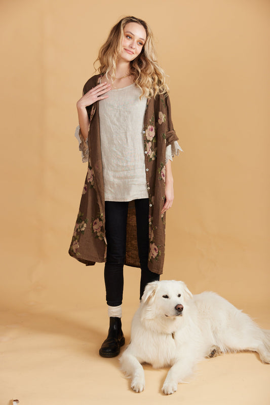 Abigail floral linen coatdress.  Chocolate Rose