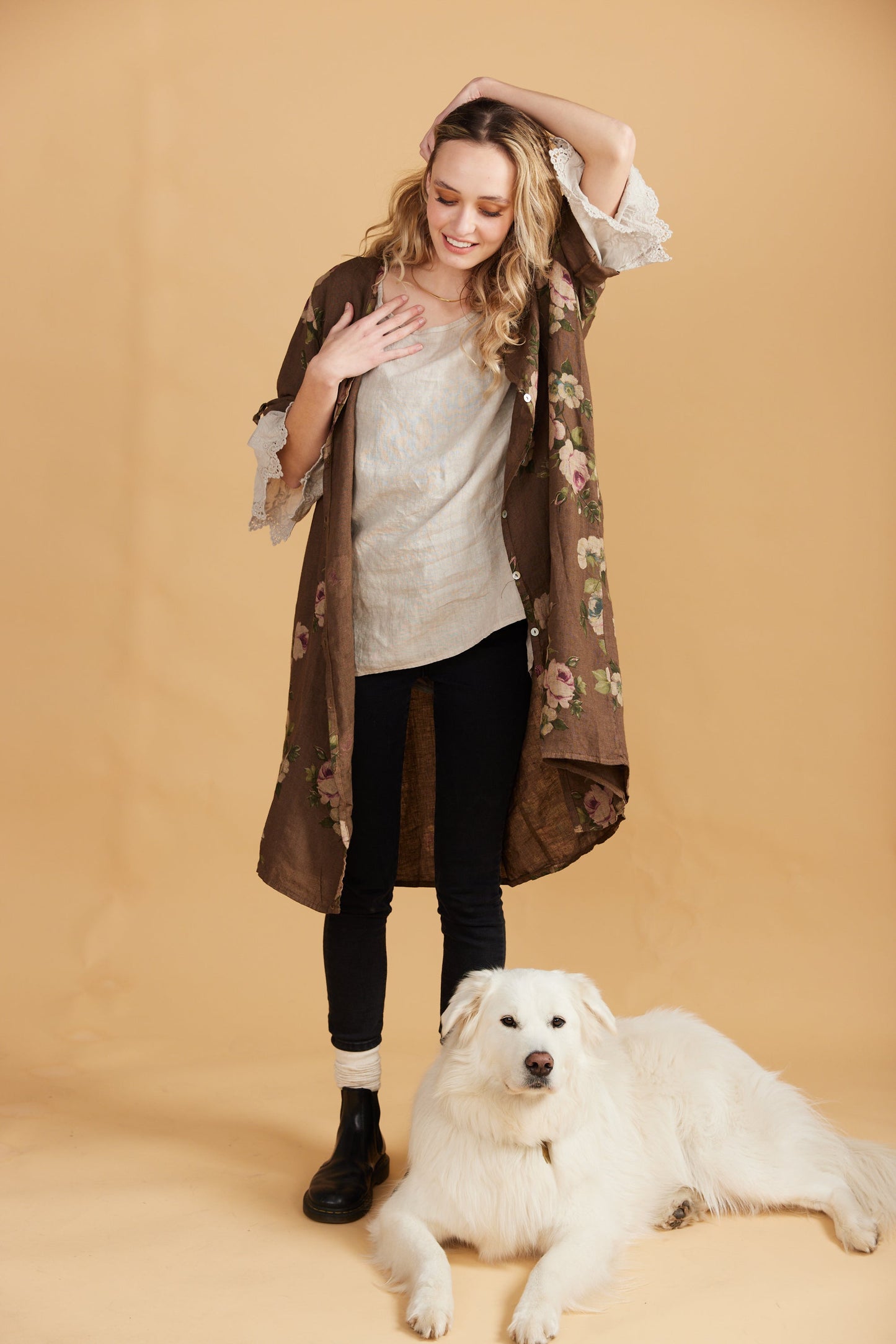 Abigail floral linen coatdress.  Chocolate Rose