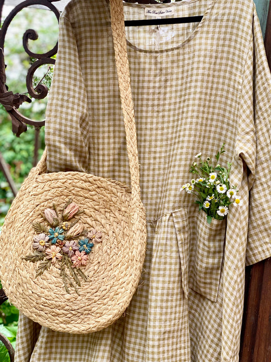 Clarissa linen checked dress. Pale Olive.