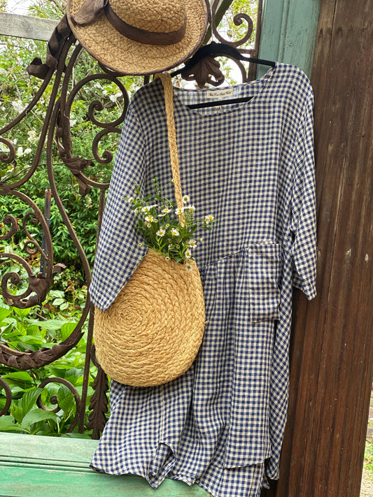 Clarissa linen checked dress. Navy
