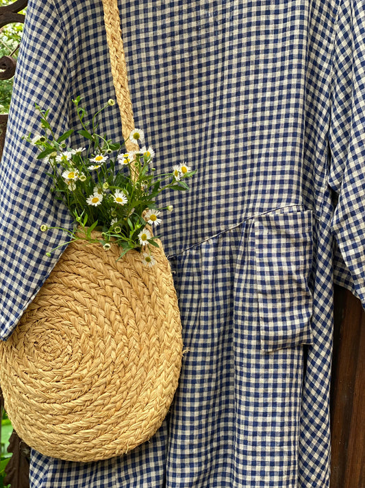 Clarissa linen checked dress. Navy