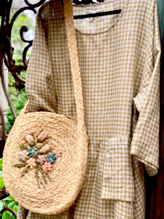 Clarissa linen checked dress. Pale Olive.