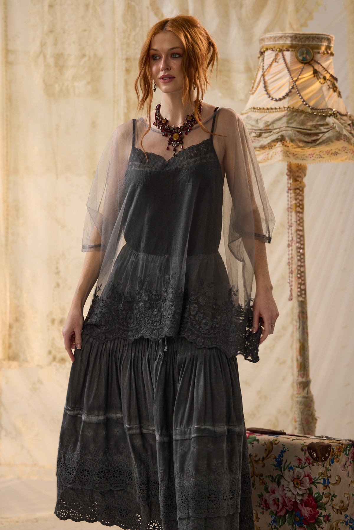 Chantilly sheer lace edged top. Mist