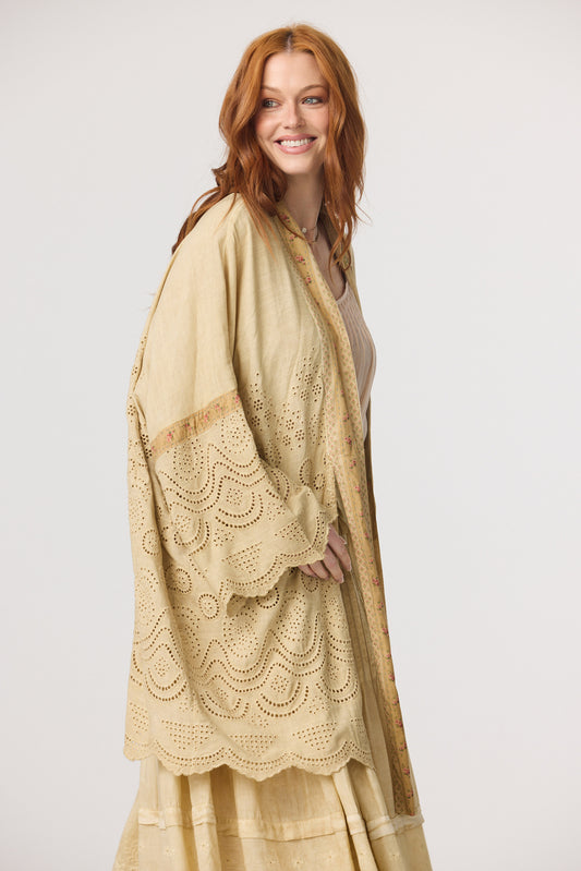 Columbine Linen + Cotton lace Kimono. Colour Stone with floral Petite de Fleurs fabric edging.