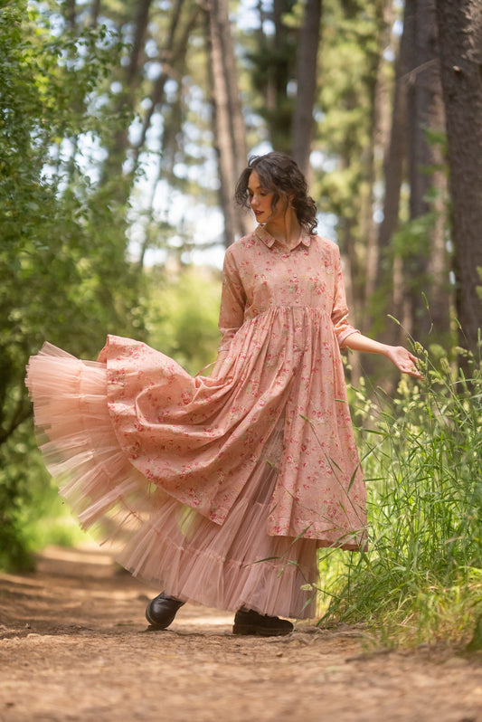 Meadowlark. Cotton floral duster dress. Peachy Pink