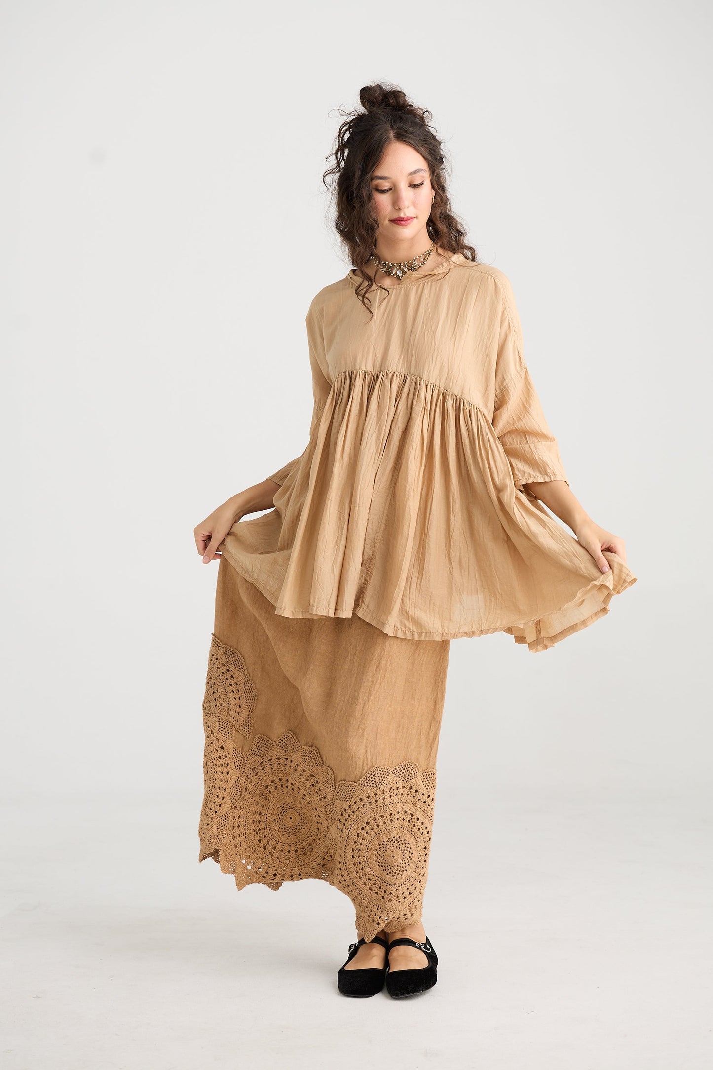 Desert Rose Linen & lace skirt. Burnt Sugar