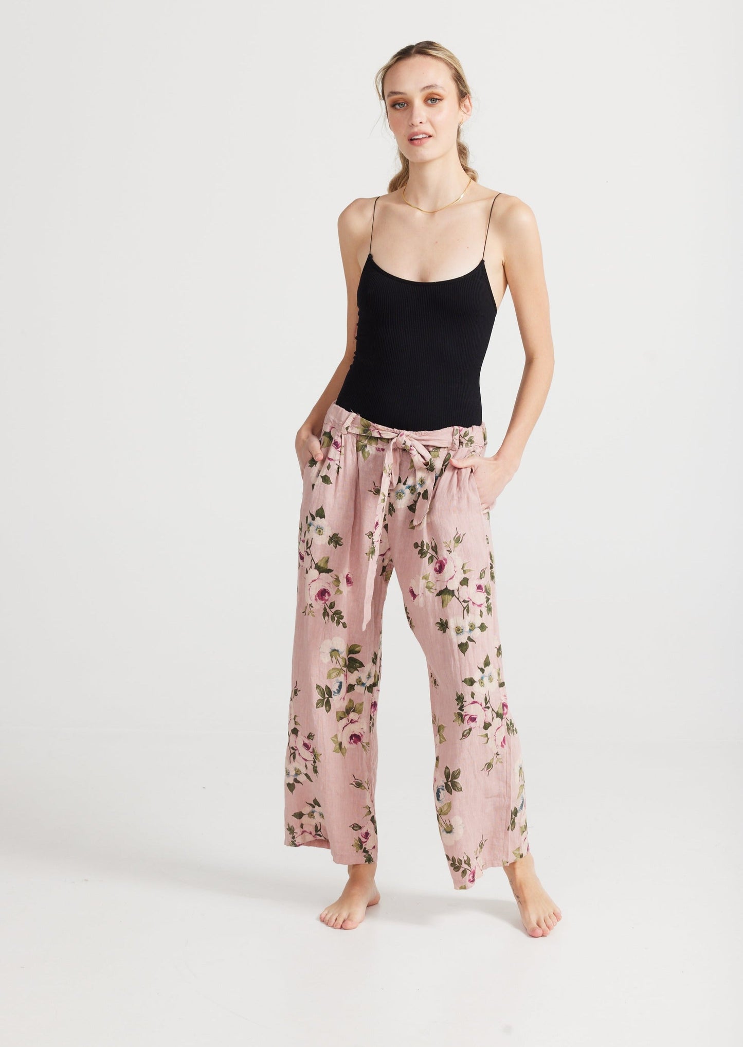 Eva Floral Linen Pants, Antique Rose