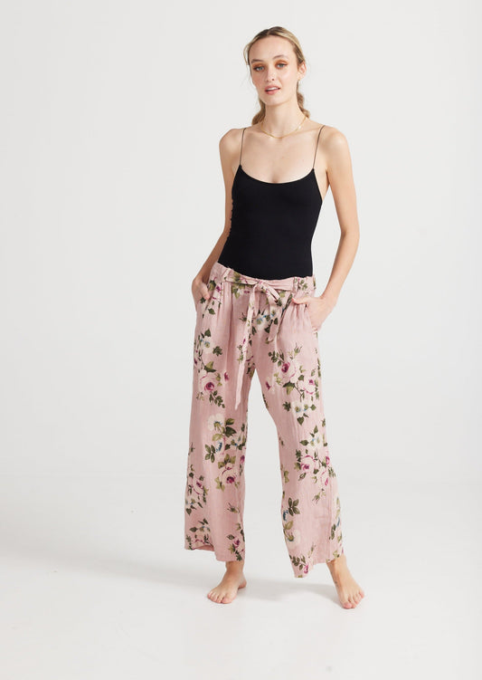 Eva Floral Linen Pants, Antique Rose