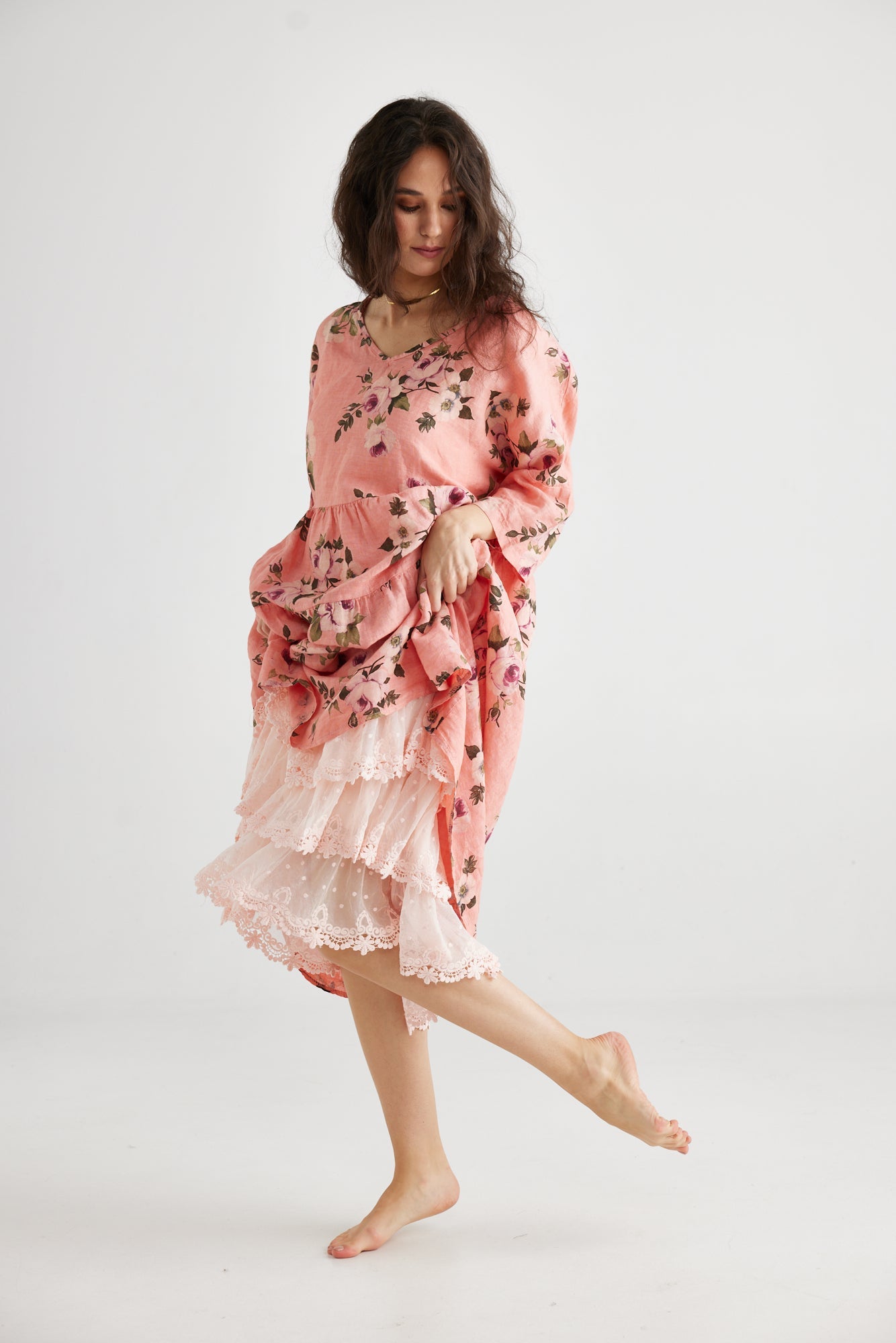 Stella floral linen dress. Shell Pink