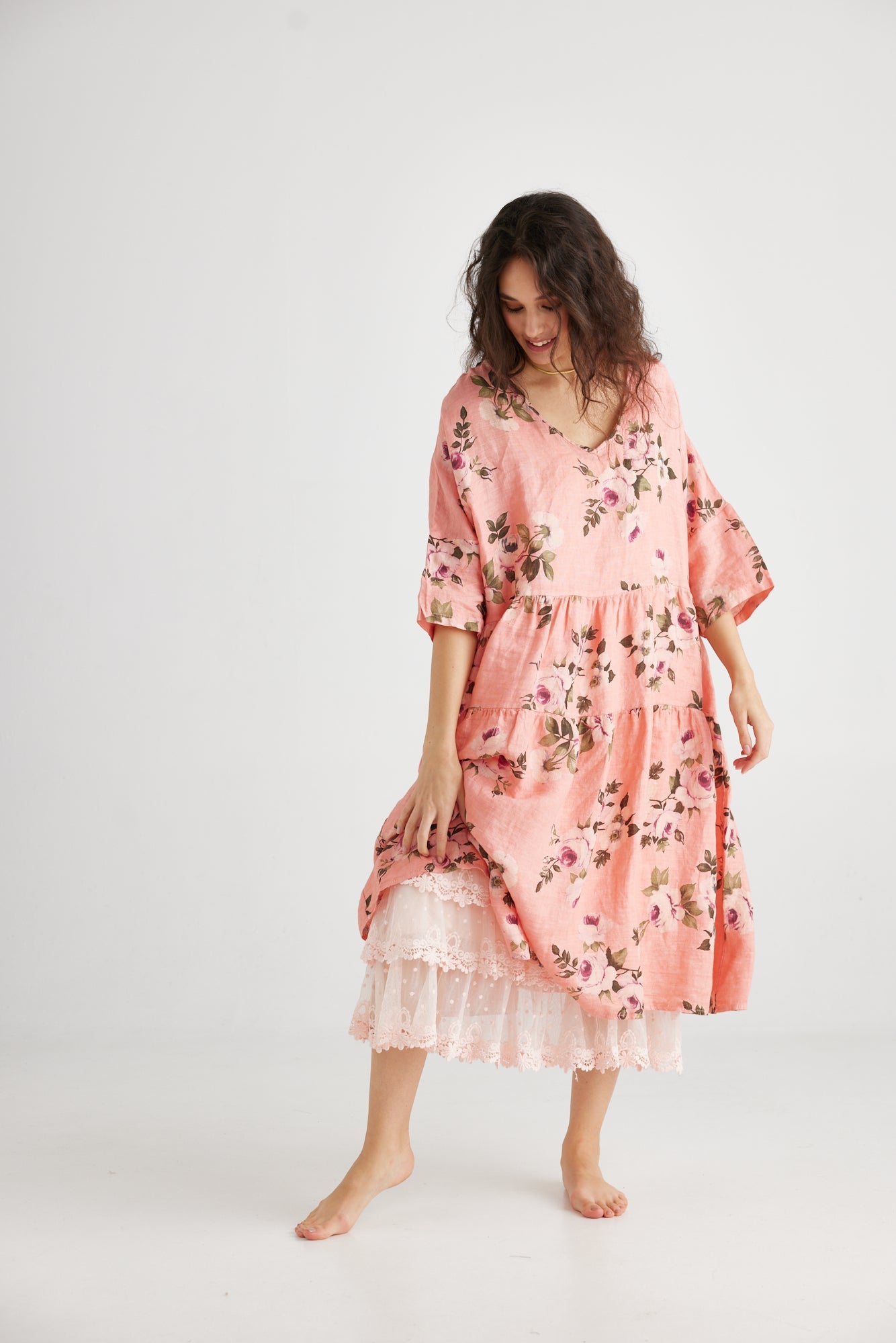 Stella floral linen dress. Shell Pink