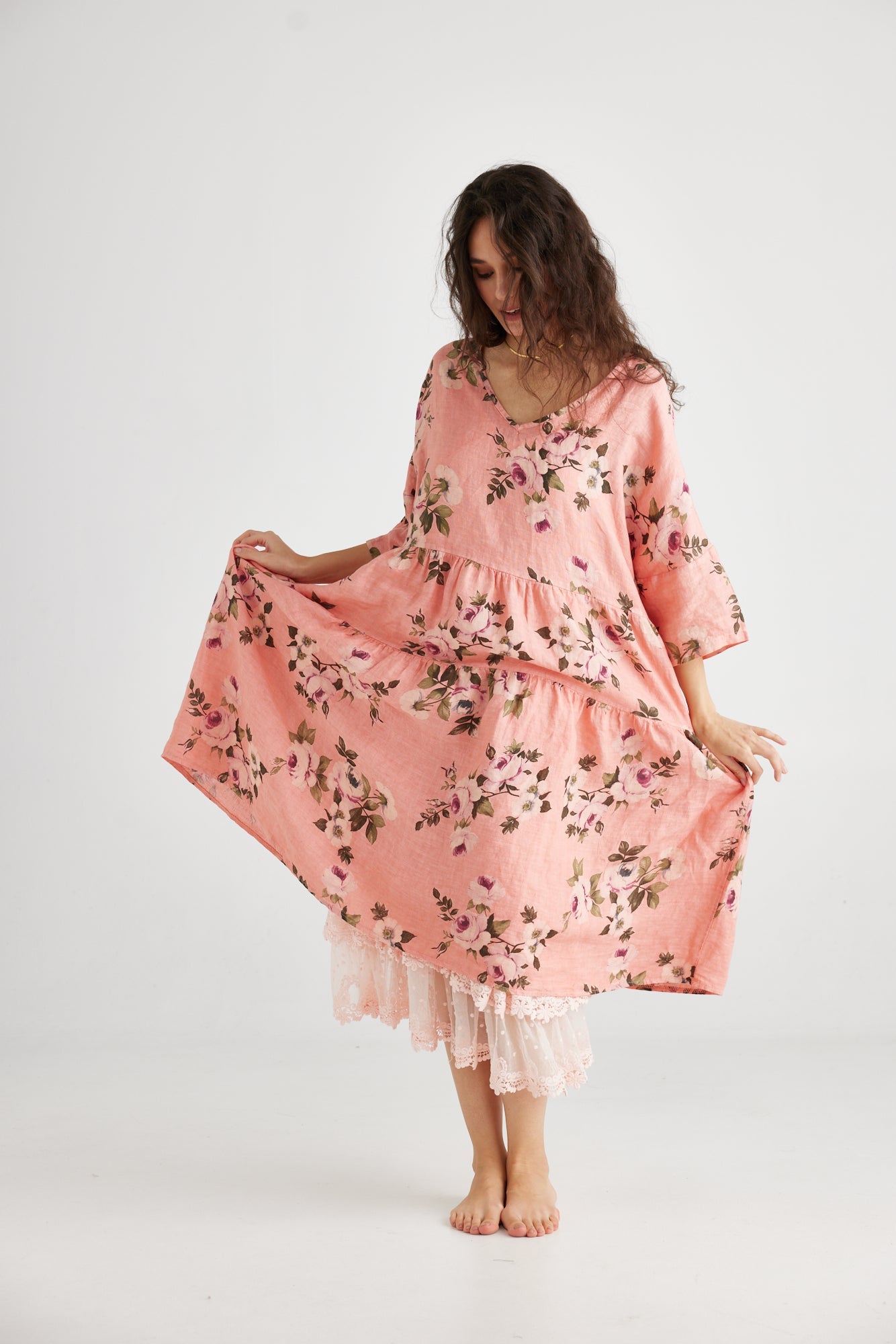 Stella floral linen dress. Shell Pink