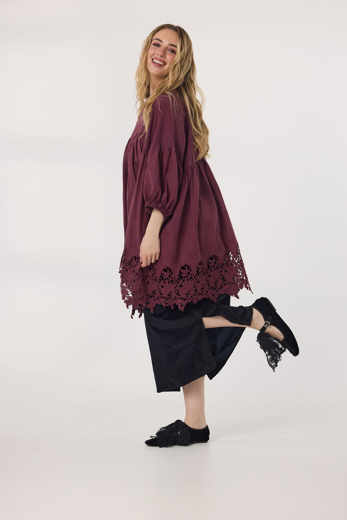 French lace smock. Wine
