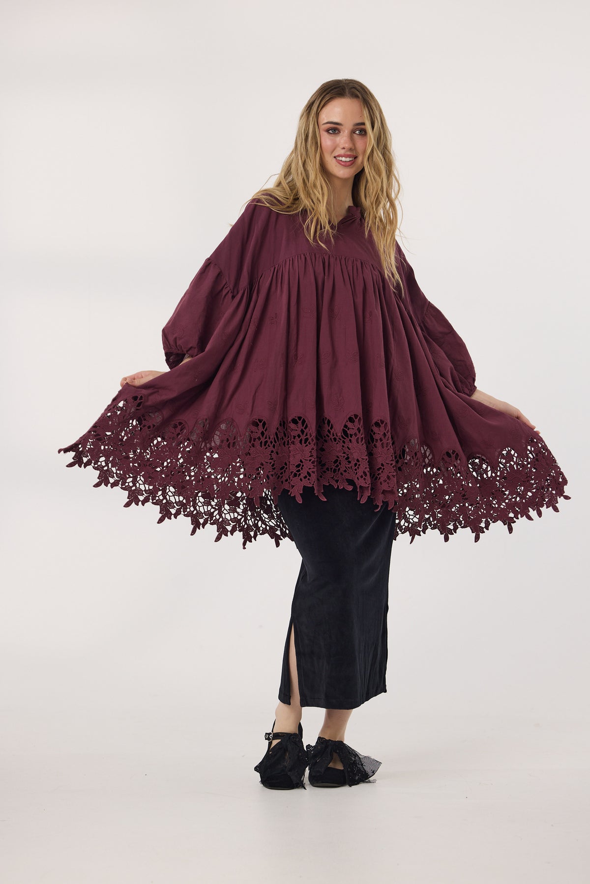 French lace smock. Wine