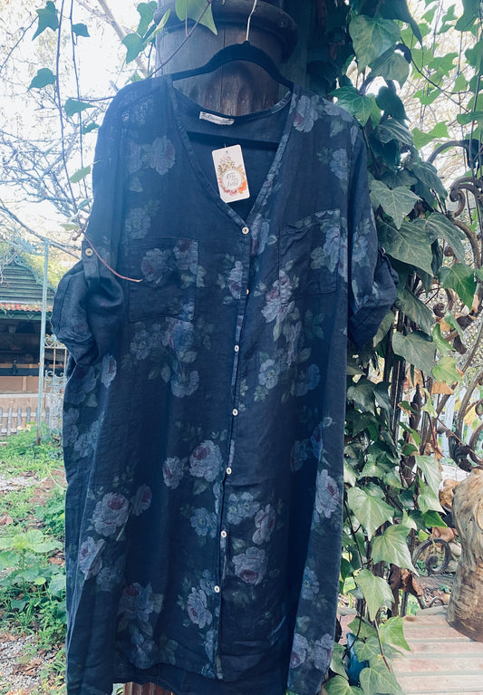 Abigail linen shirt dress. Midnight Rose