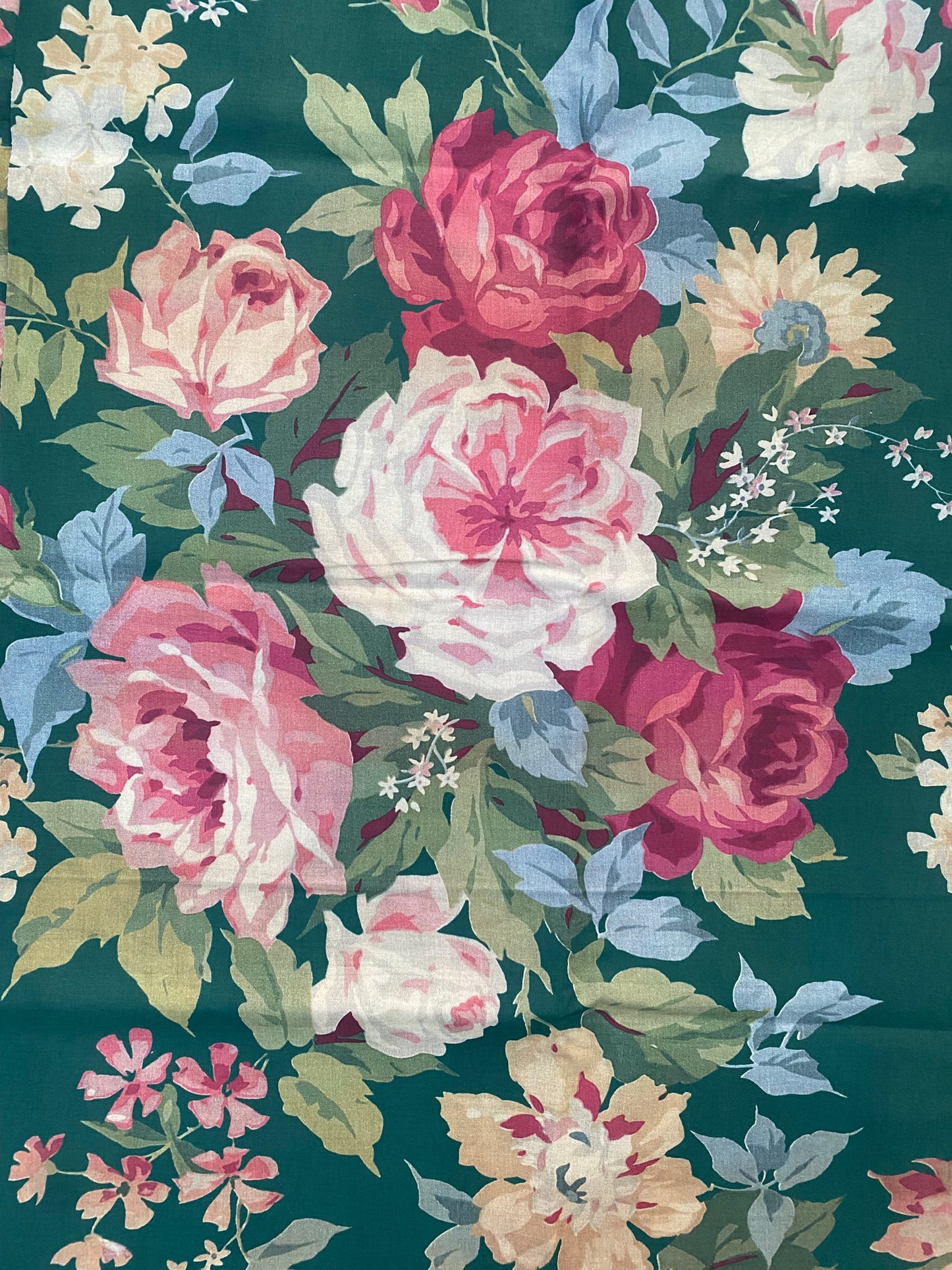 Poetry of Flowers Fabric Collection. Garden Party Rose Bouquet. Green Background.