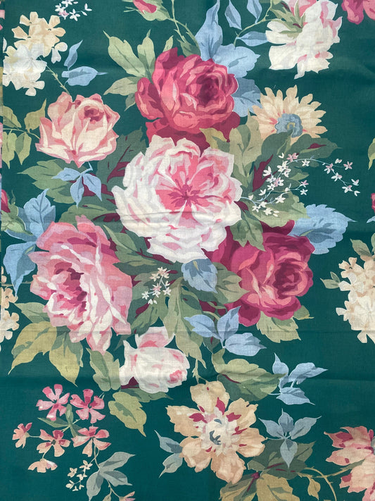 Poetry of Flowers Fabric Collection. Garden Party Rose Bouquet. Green Background.