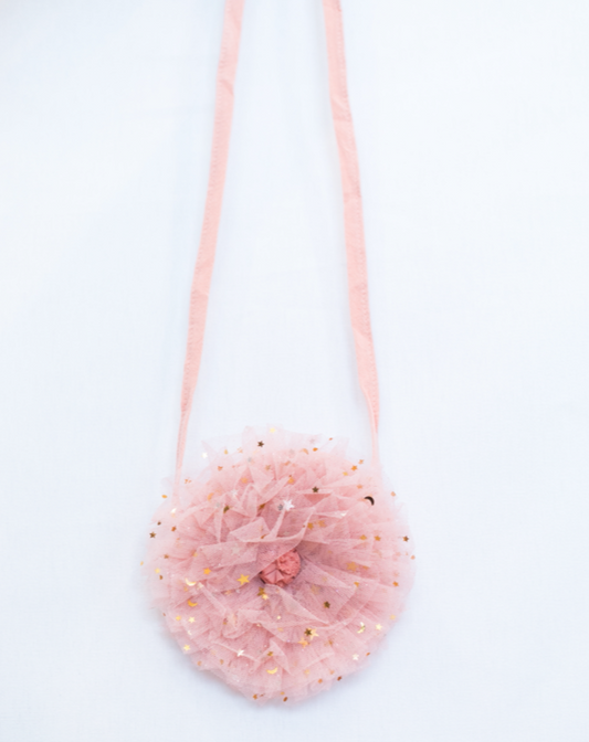 Tulle Ruffle shoulder bag. Pink with gold sparkles