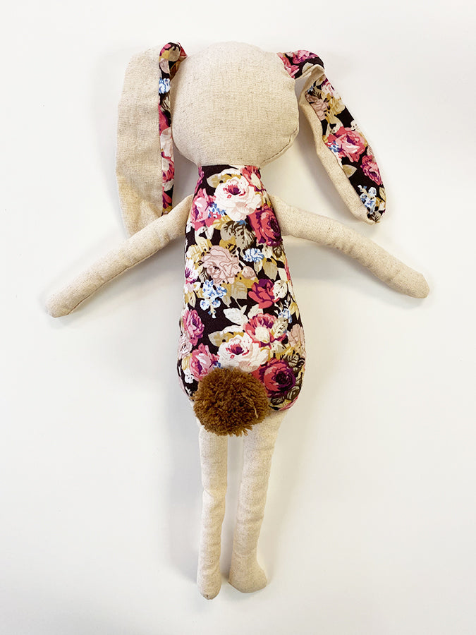 Petal Bunny Toy. Large floral in chocolate & Burgundy roses