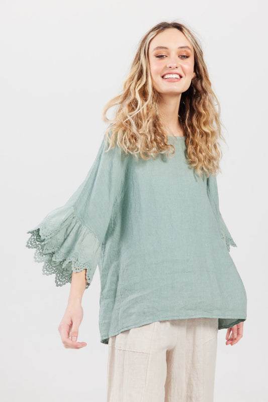 Ellie lace ruffled sleeve top.  Pale French Green