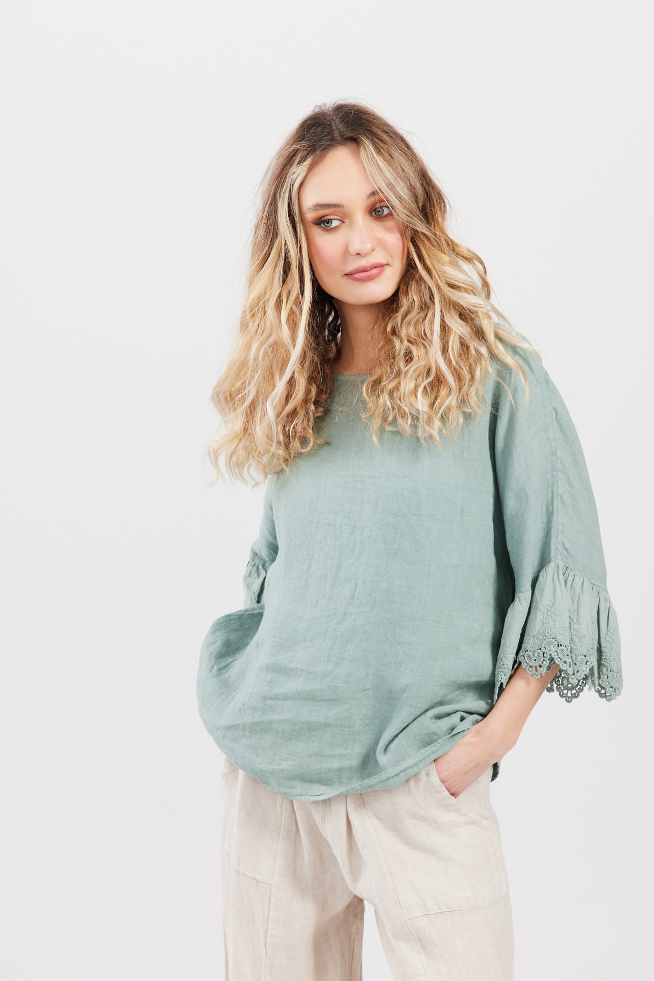 Ellie lace ruffled sleeve top.  Pale French Green