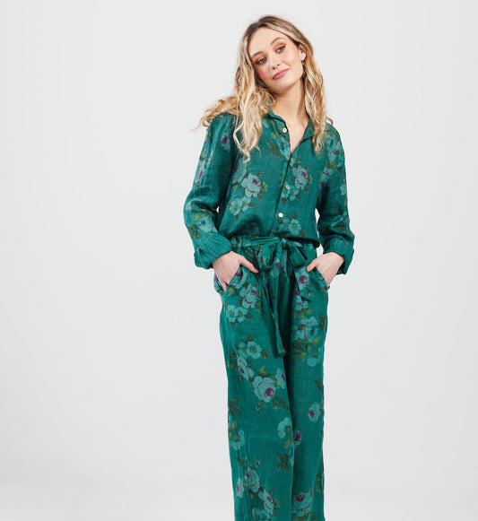 Eva Linen Floral pants. Peacock Rose