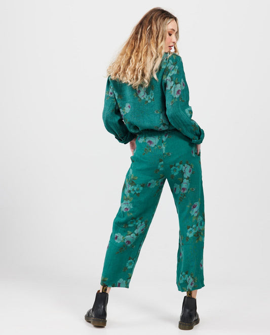Eva Linen Floral pants. Peacock Rose