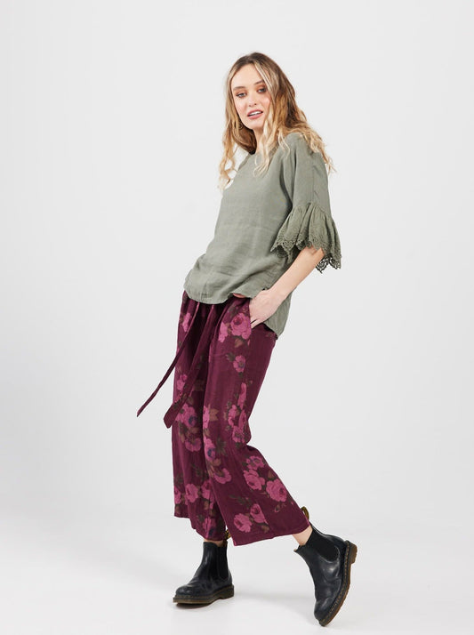 Eva Floral linen pants. Bordeaux Rose