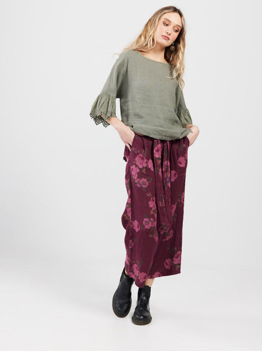 Eva Floral linen pants. Bordeaux Rose
