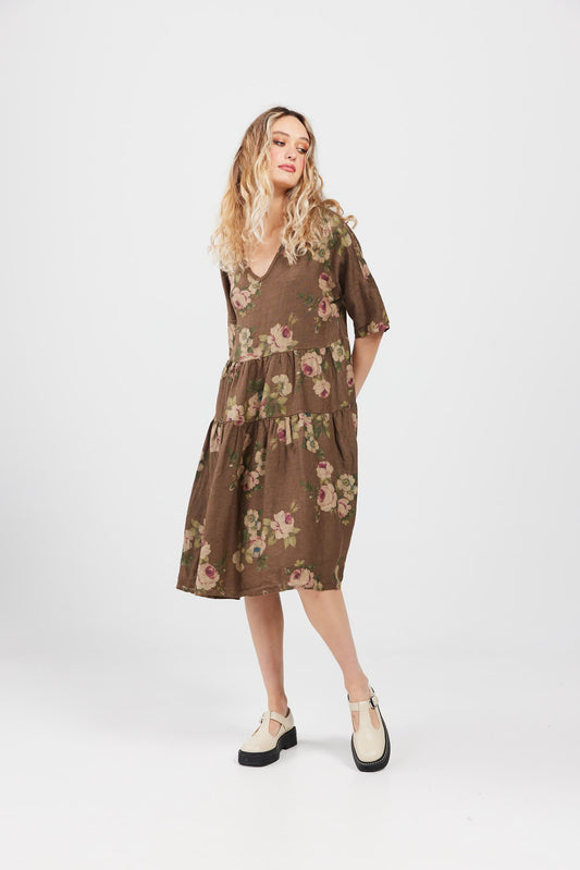 Stella floral linen dress. Dark Chocolate Rose