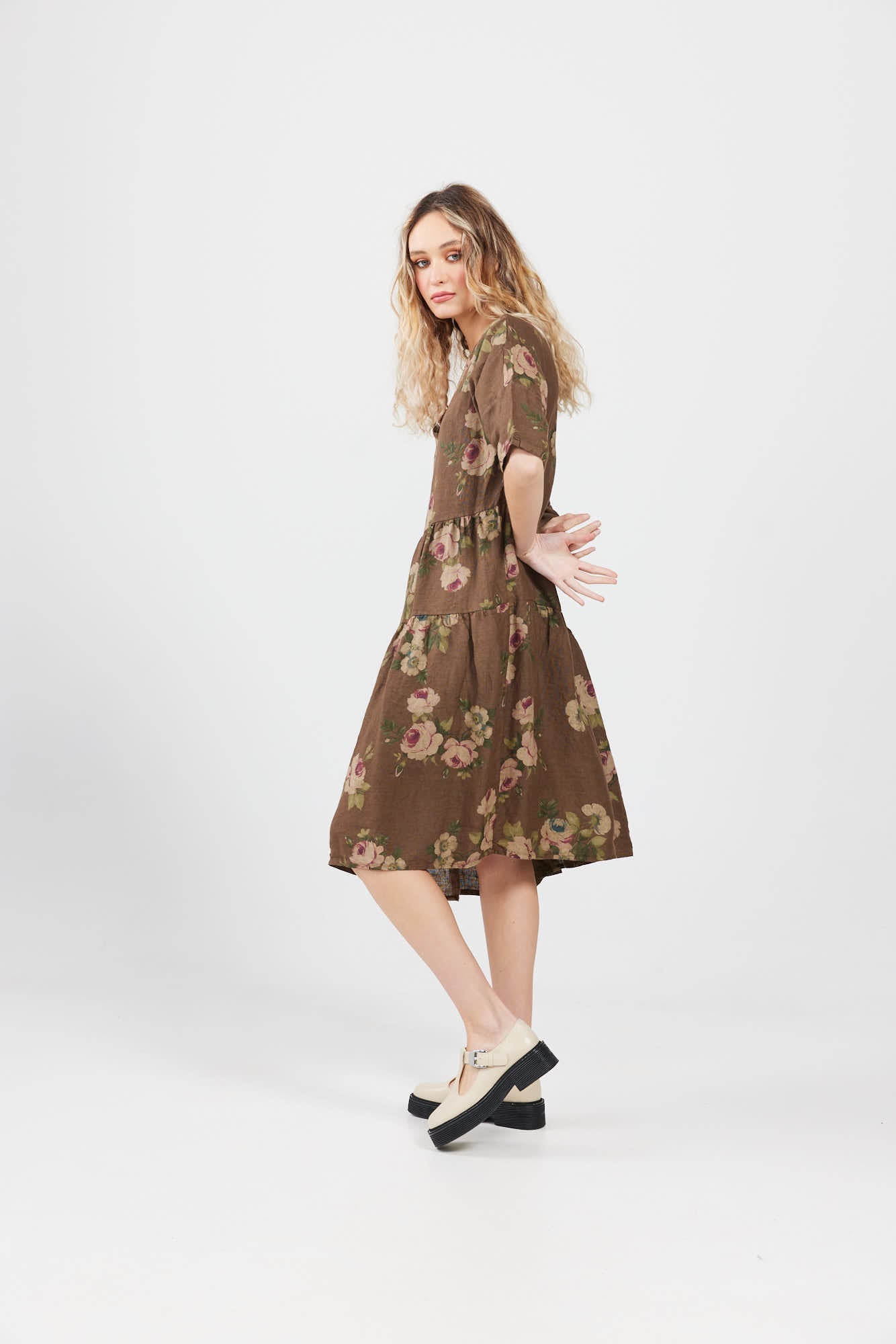 Stella floral linen dress. Dark Chocolate Rose