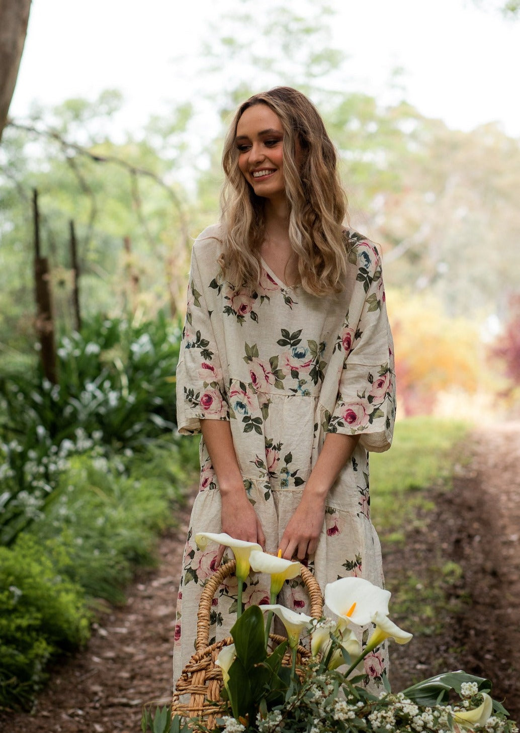Stella floral linen dress. Cream Rose