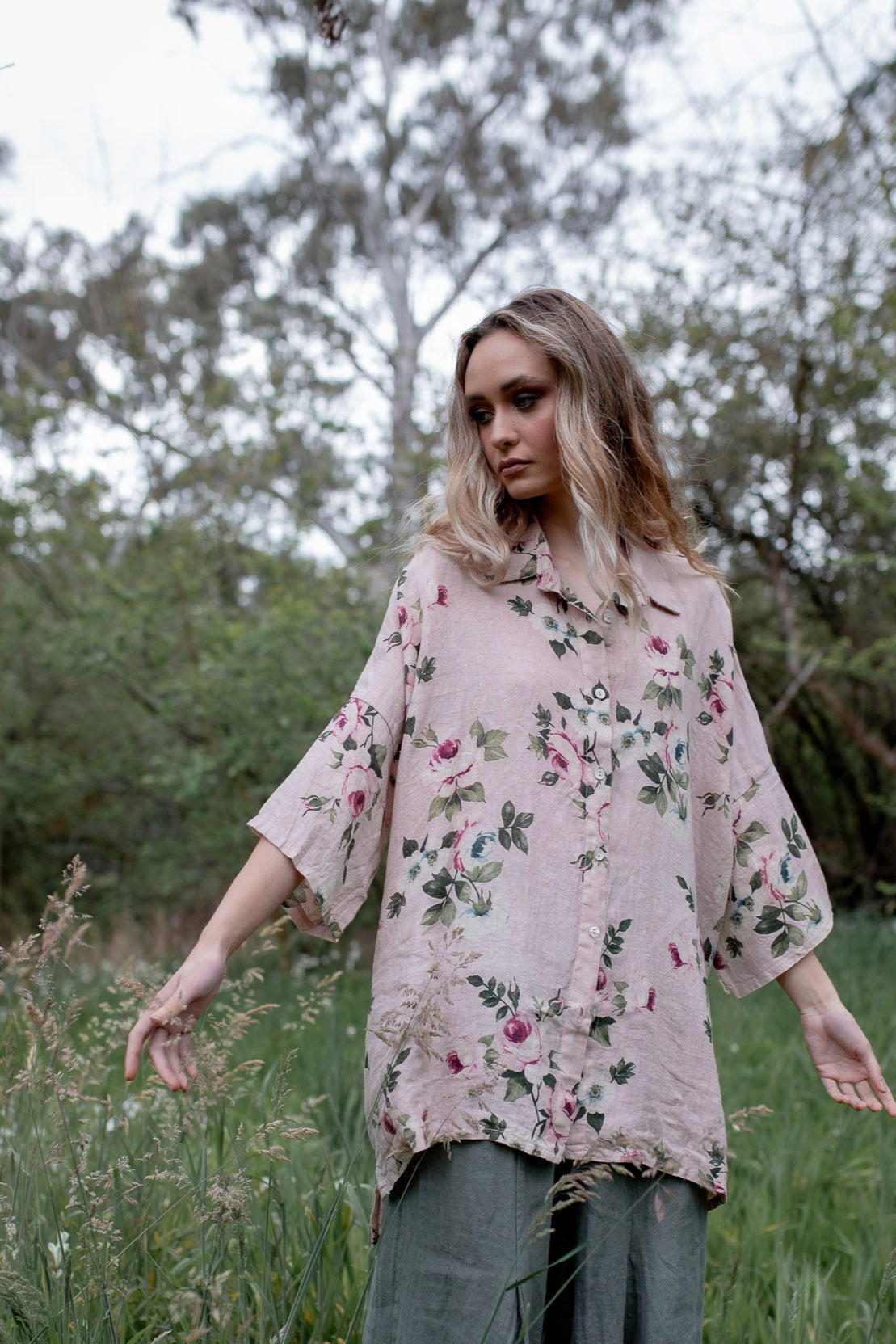 Teddie Floral linen shirt. Dusty Rose
