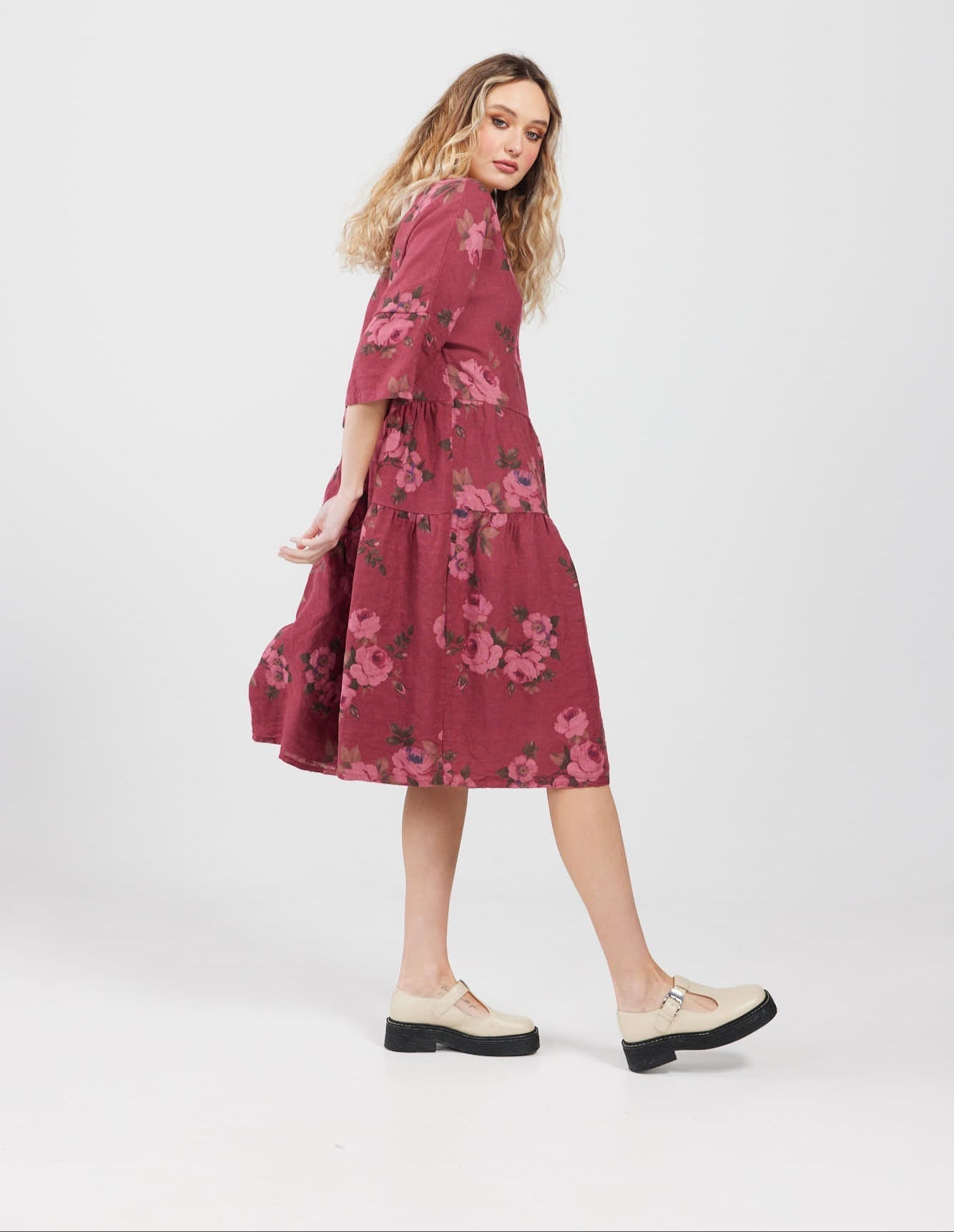 Stella floral linen dress. Bordeaux Rose