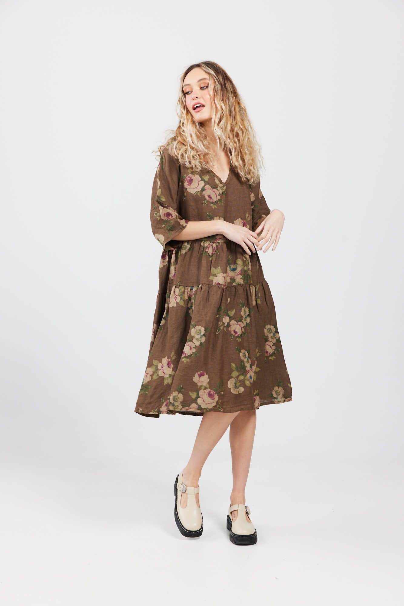 Stella floral linen dress. Dark Chocolate Rose