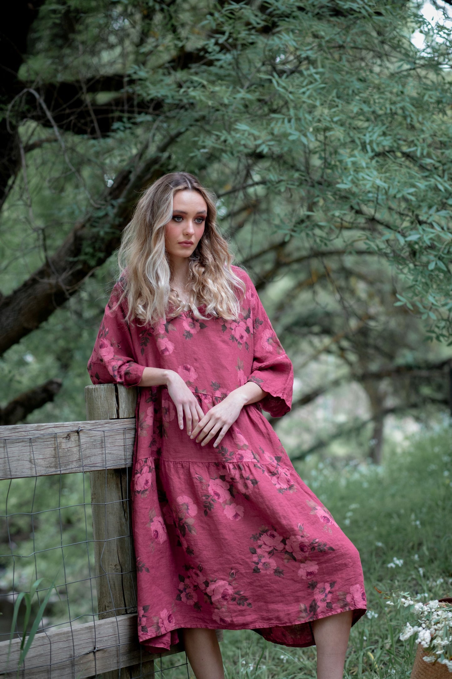Stella floral linen dress. Bordeaux Rose
